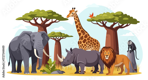 A vibrant illustration captures a diverse group of african safari animals, including an elephant, giraffe, lion, rhinoceros, and monkey, standing together amidst iconic baobab trees under a cloudy sky