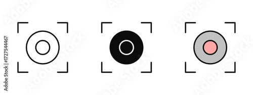 Record icon designed in line art, fill, and colored outline styles with a white background. Represents audio recording, voice notes, video capture, and media files.