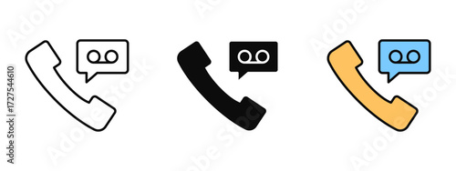 Voicemail icon designed in line art, fill, and colored outline styles with a white background. Represents audio inbox, phone messages, communication, and call recordings.