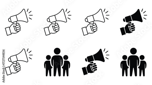 Vector art of promotion and announcement icon set collection of megaphone, loudspeaker, and communication symbols in simple line style
