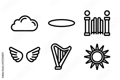 Icon Set Representing Heaven with Cloud Halo Angel Wings Harp Gate and Sun in Simple Black Outline Style