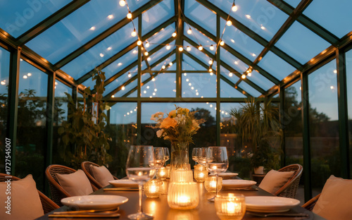 Elegant Greenhouse Dinner Table with String Lights, Floral Centerpiece, and Cushioned Chairs, High-Resolution Evening Dining Scene Featuring Glass Roof, Lush Plants, and Warm Ambiance