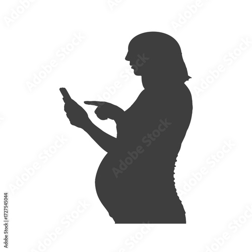 Silhouette of pregnant woman using smartphone in profile captured in black and white photography vector