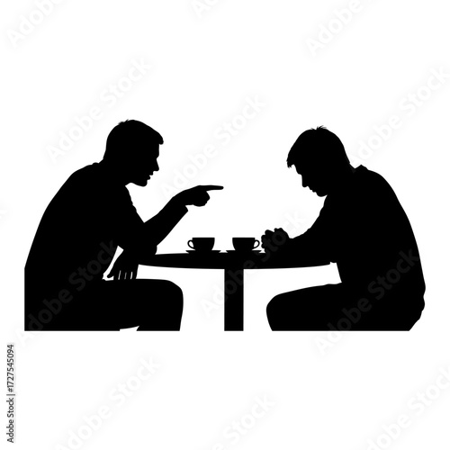 Silhouetted figures in conversation table two cups intense discussion vector
