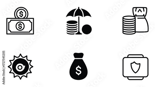 Vector art of money and finance icon set collection of banking, investment, and currency symbols in simple line style