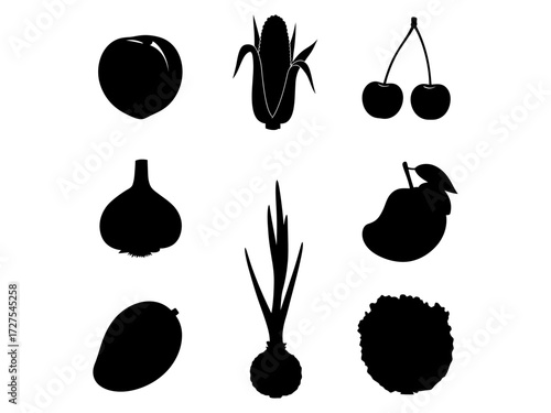 Monochromatic healthy food icons, a versatile graphic collection of various produce silhouettes, simple design elements for nutrition concepts