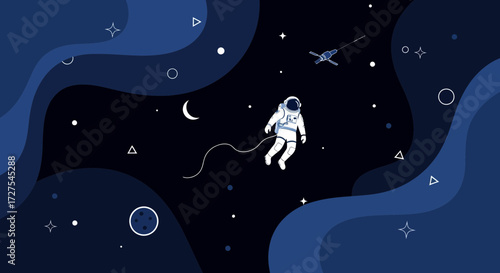 An astronaut floats serenely in the vast, dark expanse of space, surrounded by swirling blue nebulae, distant stars, and celestial bodies, evoking a sense of wonder and cosmic exploration