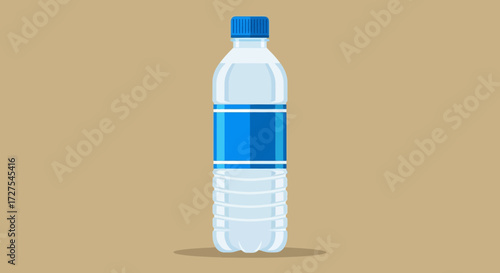 A clear plastic bottle of water with a blue cap and label, standing on a neutral background
