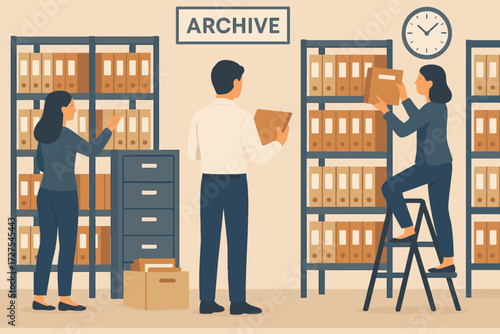 People working in a well organized archive room with shelves full of files and boxes