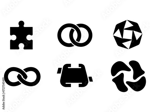 Collection of Various Black Icons Illustrating Concepts such as Connection, Infinity, and Abstract Designs