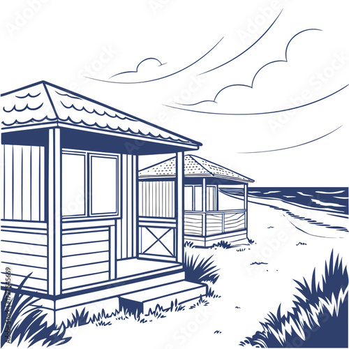 Charming blue line art drawing of two beach huts on a sandy shore with the ocean and sky above