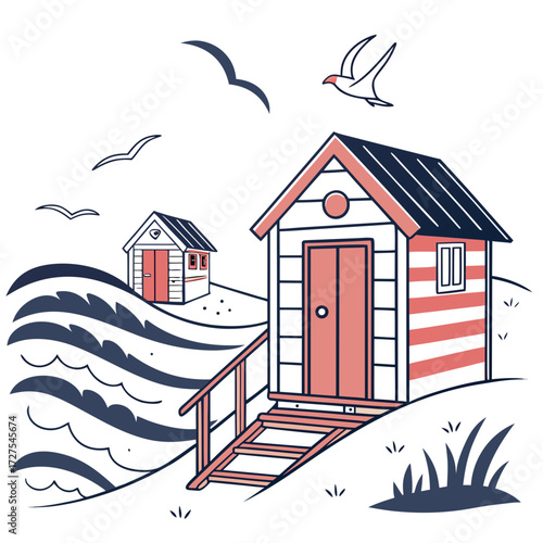 Charming beach huts with red doors and striped walls sit on sandy dunes overlooking the ocean with seagulls flying above