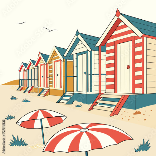 Colorful beach huts lined up on sandy shore with striped umbrellas and seagulls flying