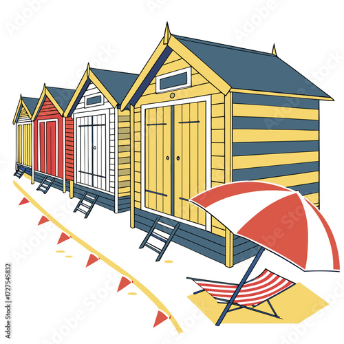 Colorful beach huts lined up on the sand with a striped umbrella and deck chair