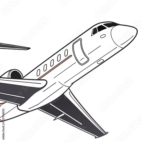 Modern private jet aircraft illustration with clean lines and a minimalist design against a white background