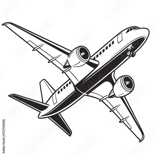 Stylized black and white illustration of a vintage twin engine airplane in flight