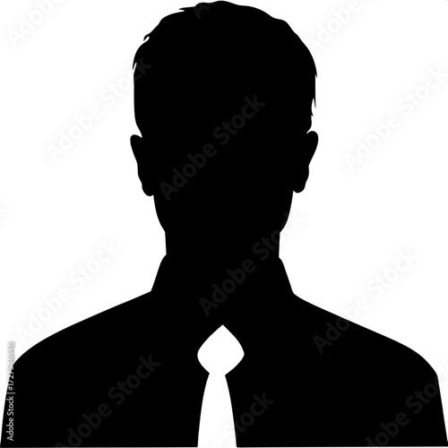 A sharply defined black silhouette of a man, short hair, collared shirt, and striking white tie. No facial features. Purely graphic style with maximum contrast on a blank white background.