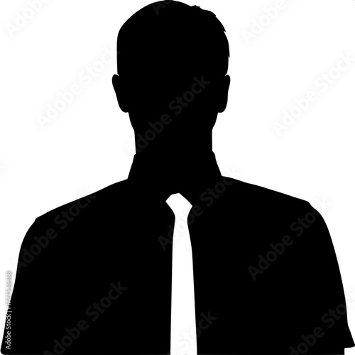 A sharply defined black silhouette of a man, short hair, collared shirt, and striking white tie. No facial features. Purely graphic style with maximum contrast on a blank white background.