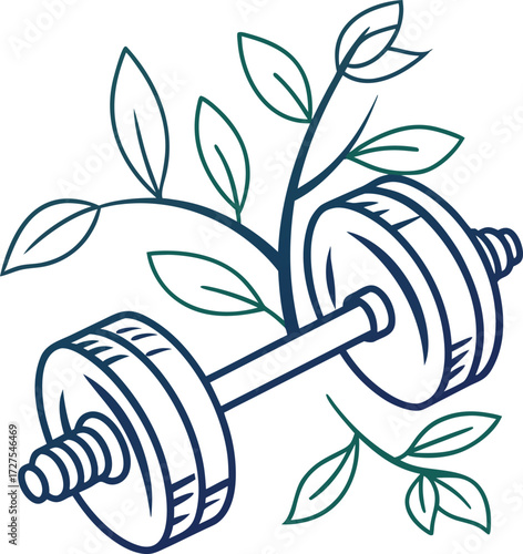 Vector illustration of dumbbell with leaves symbolizing natural fitness and organic health, promoting a holistic approach to physical wellbeing