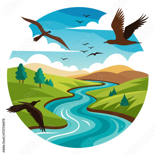 Soaring birds glide over a vibrant river valley landscape with rolling hills and lush greenery under a dynamic sky, evoking freedom and natural beauty.