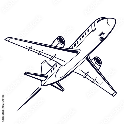 Stylized outline illustration of a modern jet airplane ascending with motion trails