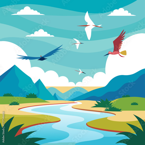 Vibrant flock of diverse birds soaring gracefully over a serene river valley with majestic mountains under a vast, cloudy sky creating a dynamic and picturesque natural panorama