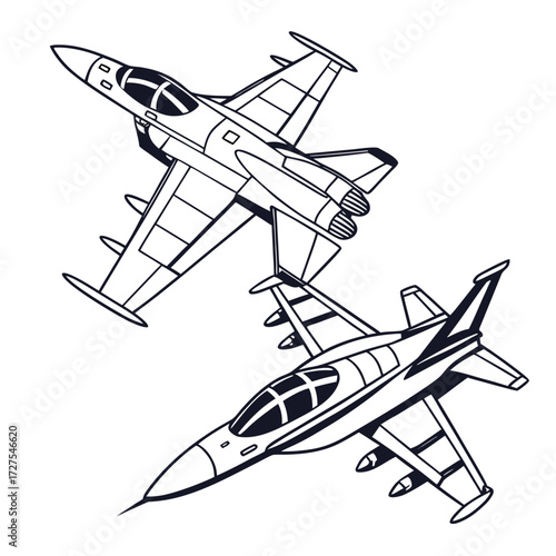 Two stylized fighter jets in a dynamic aerial combat formation against a clean white background