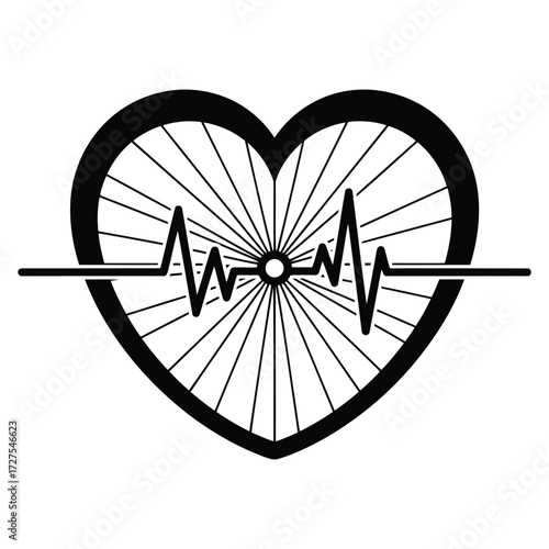 Vector illustration of heart health bicycle wheel with heartbeat line, symbolizing the importance of cycling for cardiovascular fitness, holistic wellness