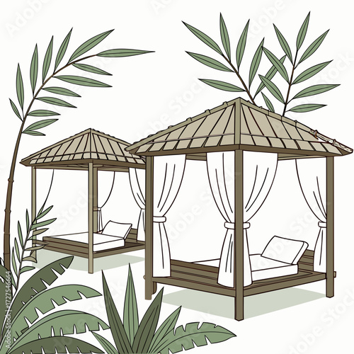 Two tranquil outdoor cabanas with white curtains and beds surrounded by lush tropical foliage