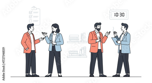 A diverse team of professionals engages in a collaborative discussion during a business meeting, with a checklist and a clock indicating the time