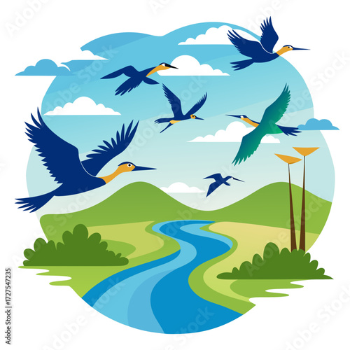 Graceful flock of birds soaring over a winding river and rolling green hills under a bright, cloudy sky, evoking freedom and natural beauty
