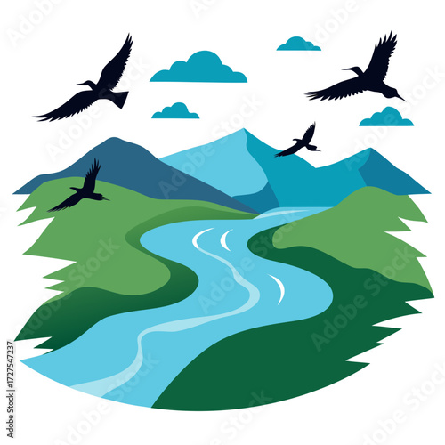 Soaring birds gracefully glide over a vibrant blue river winding through lush green hills and majestic blue mountains under a sky dotted with fluffy clouds
