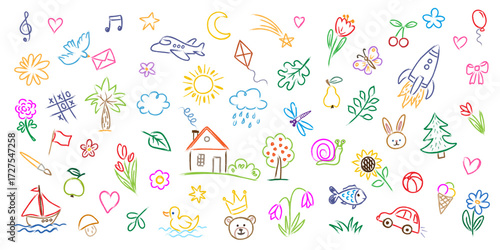 Vector kid pencil doodle illustration. Cute crayon hand drawn icon set. Children pencil bg school sketch color house, flower, cloud, sun, airplane, tree, boat, clouds, bird. All objects are isolated.
