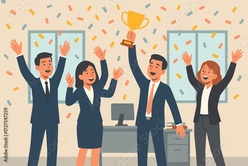 Diverse team celebrates winning a trophy with confetti in a modern office environment