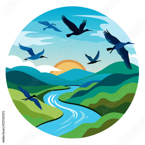 Majestic flock of birds gracefully soaring above a serene river valley at sunrise, embodying freedom and natural beauty in a vibrant, stylized landscape