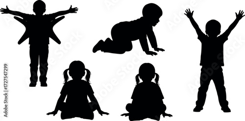 Black Silhouettes of Children in Various Poses Including Sitting, Standing, Crawling, and Playing – Isolated Vector for Education Design