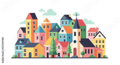 A charming and colorful illustration depicts a quaint town with a variety of buildings, including a prominent church with a steeple, nestled among trees under a cloudy sky