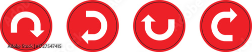 Set of red circular U-turn and rotate arrow icons. Symbols for direction change, undo, or rotation. Useful for navigation, traffic, and interface design.