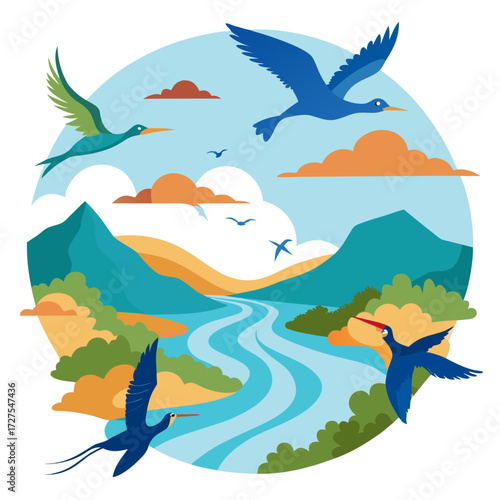 Vibrant flock of birds soars gracefully over a winding river and majestic mountains, capturing the beauty of nature's freedom and wild spirit.