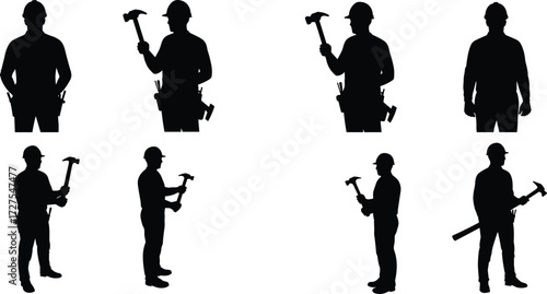PrintConstruction worker silhouettes, labor men with hammers, industrial workforce, hard hat safety, building industry, teamwork, black outline, tool belt, occupation, profession