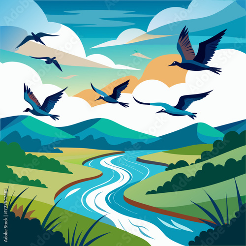 Graceful seabirds soar over a vibrant, winding river valley under a dynamic sky, evoking freedom and natural beauty.