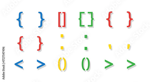 A colorful collection of various programming and punctuation symbols, including curly braces, square brackets, angle brackets, and parentheses, arranged in a grid on a white background