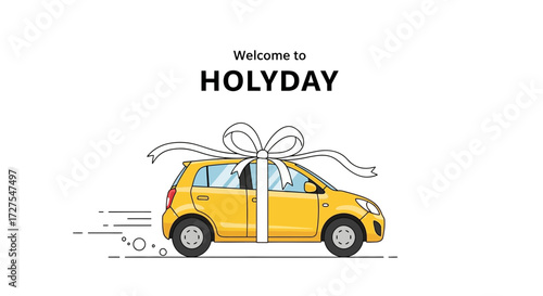 A cheerful yellow car, adorned with a large white ribbon and bow, appears to be a special holiday gift, welcoming viewers to a festive occasion