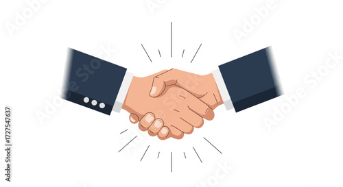 Two business people in suits shaking hands, symbolizing a successful agreement and partnership