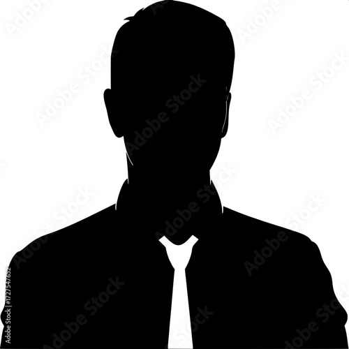 A faceless male silhouette, shoulders up, short haircut, collared shirt, and crisp white tie. Set against a white background with a modern, minimalist design. Symbolic and anonymous.