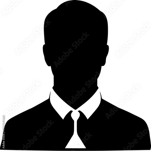 A faceless male silhouette, shoulders up, short haircut, collared shirt, and crisp white tie. Set against a white background with a modern, minimalist design. Symbolic and anonymous.