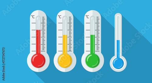 Four thermometers display different temperature readings, with red indicating the highest and blue the lowest