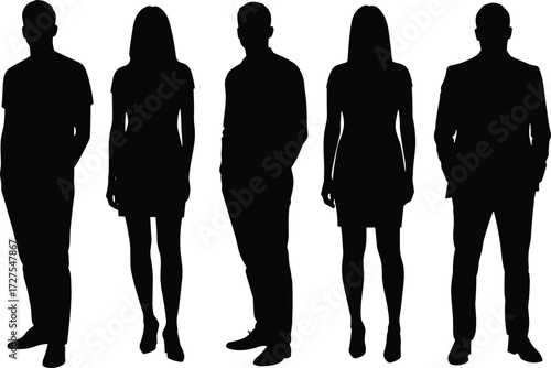 Human silhouettes, male and female, standing pose, fashion contrast, black outline, dress and suit, white background, posture study, minimal design, visual diversity