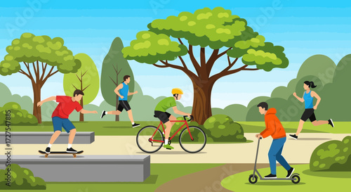 People enjoy various outdoor recreational activities in a park on a sunny day, including skateboarding, cycling, scootering, and running