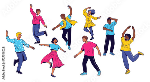 A diverse group of people joyfully dancing and moving with energy in various poses against a clean white background